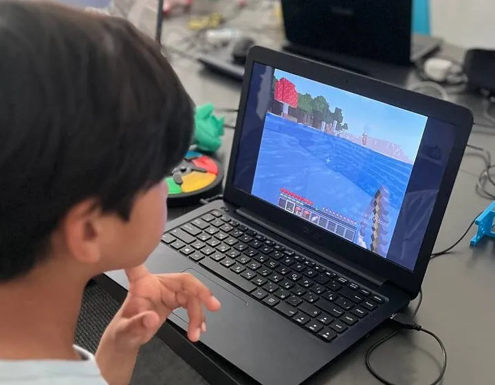 Ученик за ноутбуком, на экране мир Minecraft